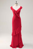 Red Chiffon Mermaid V-Neck Maxi Bridesmaid Dress with Ruffles