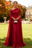 Dark Green Long One Shoulder Chiffon Wedding Guest Dress with Cape