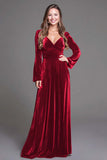 Burgundy A Line Velvet V-Neck Long Holiday Party Dress with Sleeves