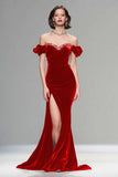 Sparkly Plum Velvet Mermaid Long Holiday Party Dress with Slit