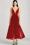 Burgundy V-Neck Velvet A Line Formal Dress