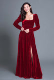 Royal Blue Velvet A Line Long Holiday Party Dress with Slit