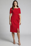 Champagne Ruffled Bodycon Midi Satin Work Dress with Slit