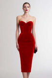 Burgundy Sheath Corset Sweetheart Midi Velvet Holiday Party Dress