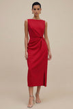 Orange Midi Bateau Neck Sleeveless Ruched Pencil Work Dress with Slit