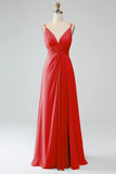 A-Line Pleated Spaghetti Straps Chiffon Bridesmaid Dress With Slit