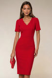 Navy Bodycon V Neck Short Sleeves Midi Work Dress