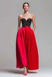 Red and Fuchsia Satin A Line Strapless Maxi Formal Dress