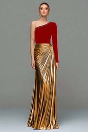 Metallic Red and Gold One Shoulder Mermaid Velvet Long Holiday Party Dress