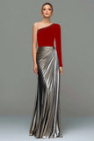 Metallic Red and Gold One Shoulder Mermaid Velvet Long Holiday Party Dress