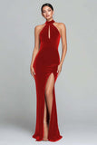Burgundy Velvet Halter Keyhole Mermaid Maxi Holiday Party Dress with Slit