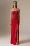 Sparkly Beaded Ivory Mermaid Strapless Maxi Wedding Reception Dress with Slit