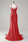 Pink Beaded Corset Satin Mermaid Sweep Train Prom Dress