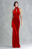 Burgundy Velvet High Neck Keyhole Maxi Formal Dress