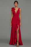 Dark Green Mermaid Ruffled V Neck Long Formal Dress with Slit