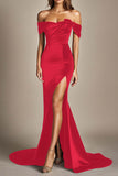 Black Off the Shoulder Mermaid Floor Length Formal Dress with Slit