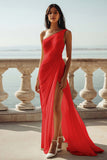 Champagne Chiffon Ruched One Shoulder Beach Maxi Engagement Dress with Slit