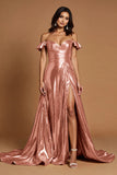 Golden A Line Ruffled Metallic Maxi Prom Dress with Slit