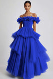 Dark Navy Ball Gown Tulle Tiered Maxi Formal Dress with Ruffles