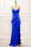 Lilac Sheath Spaghetti Straps Long Bridesmaid Dress with Ruffles
