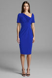 Royal Blue Satin Bodycon Asymmetrical Neck Midi Work Dress