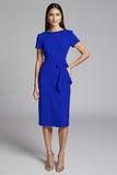 Royal Blue Ruffled Bodycon Satin Midi Work Dress