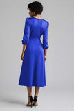 Royal Blue A Line Satin Midi Work Dress with Sleeves