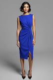 Royal Blue Satin Bodycon Ruched Midi Work Dress with Slit