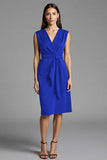 Royal Blue Bodycon Satin V-Neck Midi Work Dress with Sash