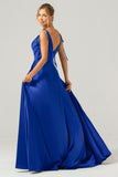 Dusty Rose A-Line Spaghetti Straps Satin Long Bridesmaid Dress With Slit