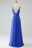 A-Line Pleated Spaghetti Straps Chiffon Bridesmaid Dress With Slit