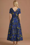 A Line Blue Daffodil Floral Jacquard V Neck Maxi Prom Dress