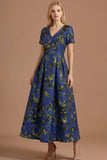 A Line Blue Daffodil Floral Jacquard V Neck Maxi Prom Dress