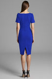 Royal Blue Satin Bodycon Asymmetrical Neck Midi Work Dress