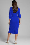 Royal Blue Satin Bodycon V-Neck Midi Work Dress with Sleeves