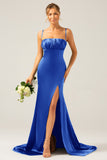 Dusty Rose Long Sheath Spaghetti Straps Bridesmaid Dress With Slit