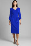 Royal Blue Satin Bodycon V-Neck Midi Work Dress with Sleeves