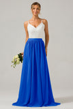 Pine A-Line Spaghetti Straps Pleated Long Bridesmaid Dress With Lace