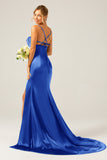 Dusty Rose Long Sheath Spaghetti Straps Bridesmaid Dress With Slit