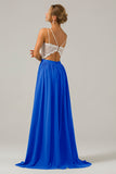 Pine A-Line Spaghetti Straps Pleated Long Bridesmaid Dress With Lace