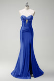 Gorgeous Sage Mermaid Corset Beaded Keyhole Satin Prom Dress with Slit