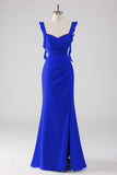 Dusty Blue Sheath Ruffled Maxi Bridesmaid Dress with Slit