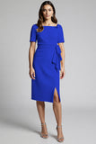 Dusty Blue Midi Bodycon Satin Work Dress with Slit