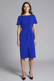 Royal Blue Bateau Neck Ruched Bodycon Midi Satin Work Dress