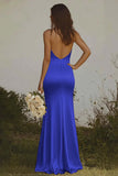 Elegant Royal Blue Halter Sheath Satin Maxi Bridesmaid Dress