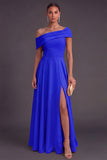 Yellow Off the Shoulder A Line Long Wedding Guest Dress with Slit