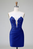 Dark Green Deep V Neck Applique Satin Mini Prom Dress