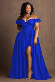 Royal Blue Plus Size Satin Off the Shoulder Long A Line Formal Dress with Slit