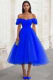 Yellow Tulle Off the Shoulder A Line Midi Formal Dress