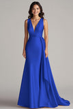 Peacock Mermaid Deep V-Neck Long Satin Formal Dress with Drape